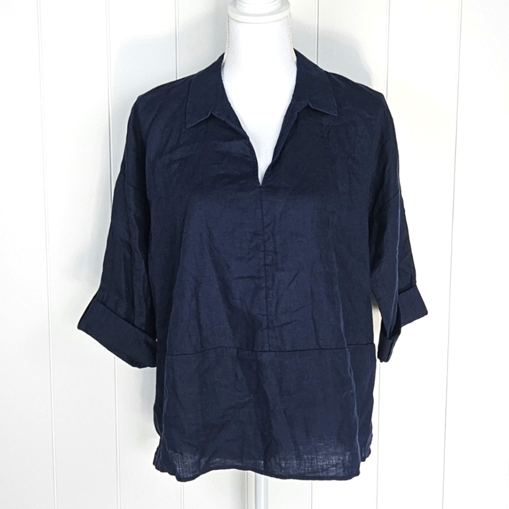 Pure Linen Shirt Womens Navy Blue V Neck Collar Rolled Sleeves Nautical Coastal